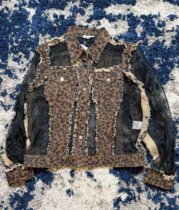 Adore Jackets & Blazers - Adore Leopard Print Mesh Panel Distressed Denim Jacket Size M
